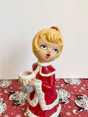 Vintage Girl Candle Holder Figurine in Red and Cream
